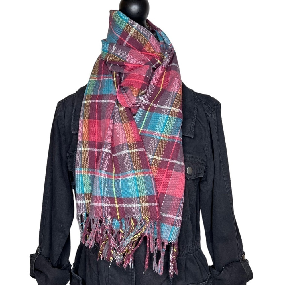O’Neill Unisex Aqua Plum Tartan Plaid Lightweight Rectangular Scarf with Fringe